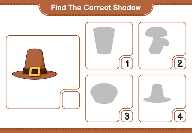 Find the correct shadow. find and match the correct shadow of hat. educational children game, printable worksheet, vector illustration