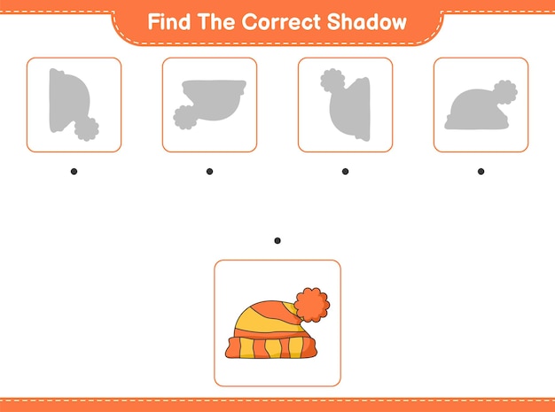 Find the correct shadow. Find and match the correct shadow of Hat. Educational children game, printable worksheet, vector illustration