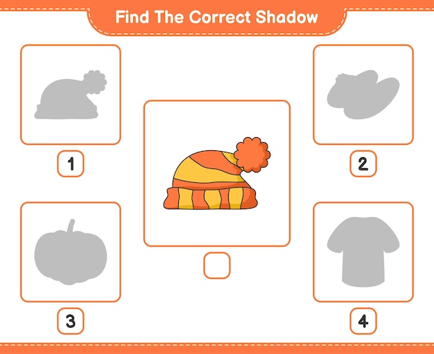 Find the correct shadow. Find and match the correct shadow of Hat. Educational children game, printable worksheet, vector illustration