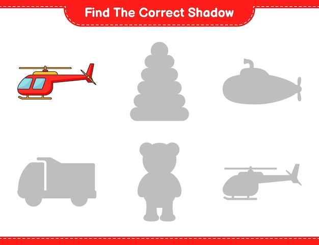 Find the correct shadow Find and match the correct shadow of Helicopter Educational children game printable worksheet vector illustration