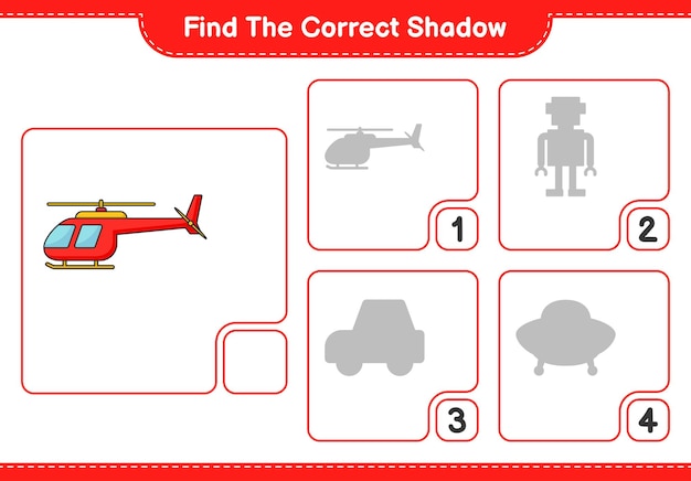 Find the correct shadow Find and match the correct shadow of Helicopter Educational children game printable worksheet vector illustration