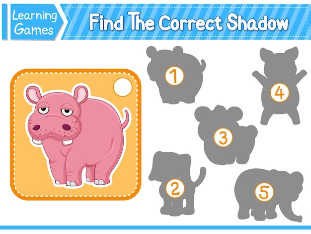 Find The Correct Shadow Find And Match The Correct Shadow Of Hippo Kids Educational Game Printable Worksheet Vector Illustration