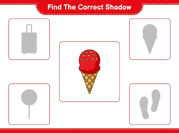 Trova l'ombra corretta. trova e abbina l'ombra corretta di ice cream. gioco educativo per bambini, foglio di lavoro stampabile, illustrazione vettoriale