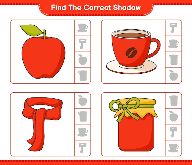 Find the correct shadow. Find and match the correct shadow of Jam, Coffee Cup, Apple, Scarf. Educational children game, printable worksheet, vector illustration