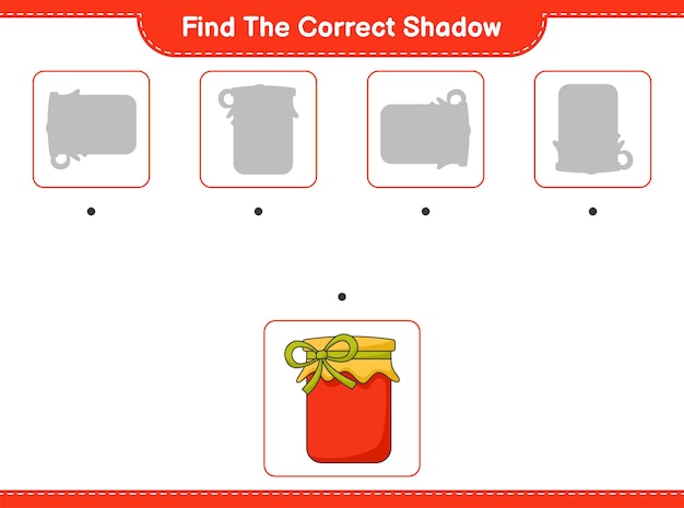 Trova l'ombra corretta. trova e abbina l'ombra corretta di jam. gioco educativo per bambini, foglio di lavoro stampabile, illustrazione vettoriale