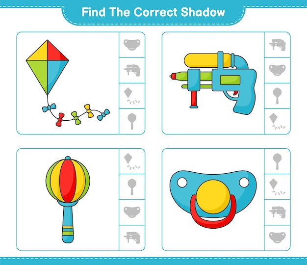 Найдите правильную тень Найдите и сопоставьте правильную тень кайта Water Gun Baby Rattle and Pacifier Развивающая детская игра для печати векторная иллюстрация листа