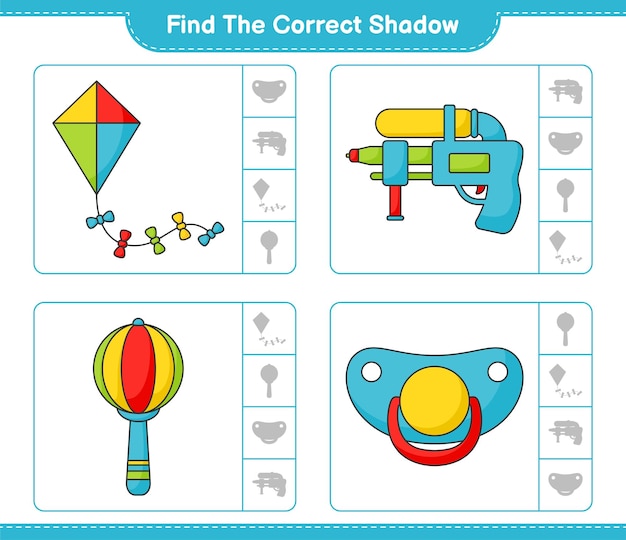 올바른 그림자 찾기 연 물총 아기 딸랑이 및 젖꼭지 교육용 어린이 게임 인쇄용 워크 시트 벡터 일러스트 레이션의 올바른 그림자를 찾아 일치시킵니다.