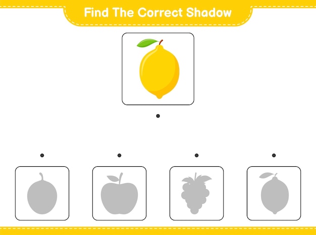 Trova l'ombra corretta. trova e abbina l'ombra corretta di lemon. gioco educativo per bambini, foglio di lavoro stampabile