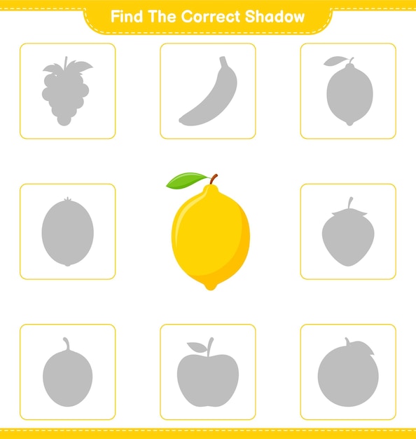 올바른 그림자를 찾으십시오. 레몬의 정확한 그림자를 찾아 일치시킵니다. 교육용 어린이 게임, 인쇄 가능한 워크 시트