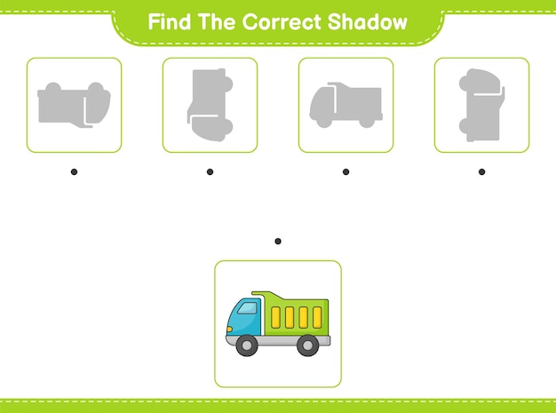 Find the correct shadow find and match the correct shadow of lorry educational children game printable worksheet vector illustration