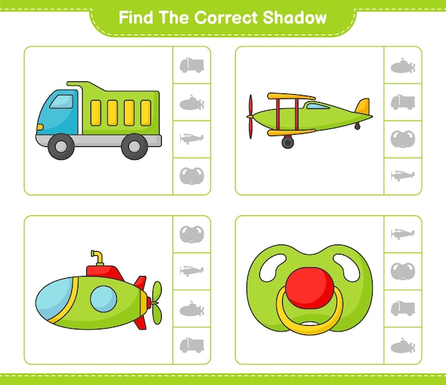Найдите правильную тень Найдите и сопоставьте правильную тень подводной лодки грузового самолета и соски Образовательная детская игра для печати векторная иллюстрация листа