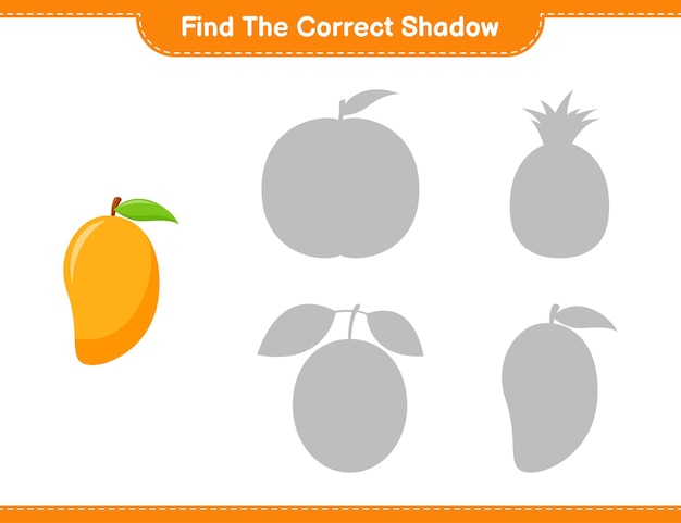 올바른 그림자를 찾으십시오. 망고의 정확한 그림자를 찾아 일치시킵니다. 교육용 어린이 게임, 인쇄 가능한 워크 시트