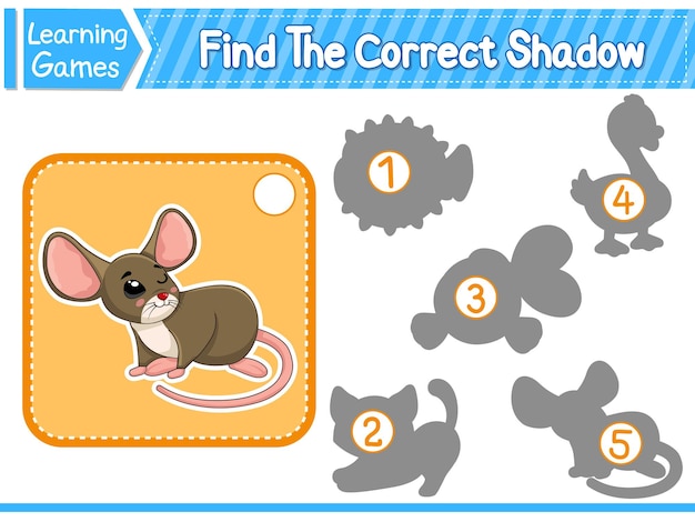 Vector find the correct shadow find and match the correct shadow of mouse kids educational game printable worksheet vector illustration