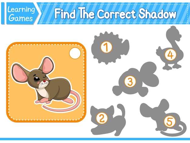 Find the correct shadow find and match the correct shadow of mouse kids educational game printable worksheet vector illustration