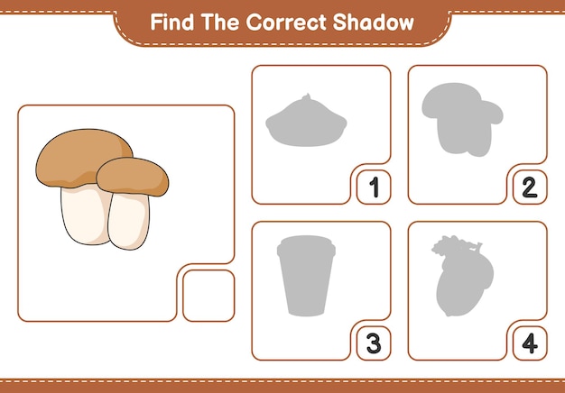 Find the correct shadow. Find and match the correct shadow of Mushroom Boletus. Educational children game, printable worksheet, vector illustration