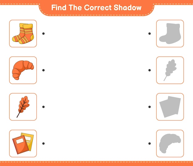 Find the correct shadow. Find and match the correct shadow of Oak Leaf, Socks, Book, Croissant. Educational children game, printable worksheet, vector illustration