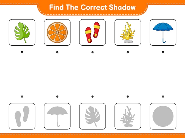 Найдите правильную тень. Найдите и сопоставьте правильную тень апельсина, коралла, монстеры, зонтика и флип-флопа. Образовательная детская игра, лист для печати, векторная иллюстрация