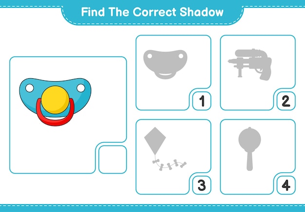 Find the correct shadow Find and match the correct shadow of Pacifier Educational children game printable worksheet vector illustration