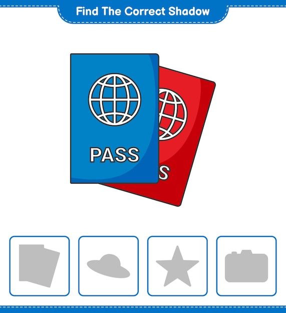Найдите правильную тень. Найдите и сопоставьте правильную тень паспорта. Образовательная детская игра, лист для печати, векторная иллюстрация
