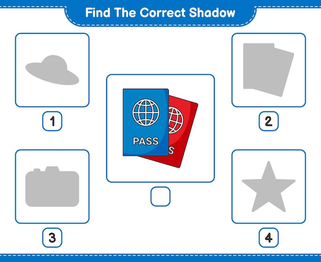 Find the correct shadow. Find and match the correct shadow of Passport. Educational children game, printable worksheet, vector illustration