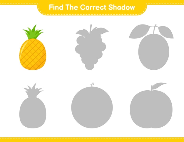 Найдите правильную тень. Найдите и сопоставьте правильную тень ананаса. Развивающая детская игра, лист для печати