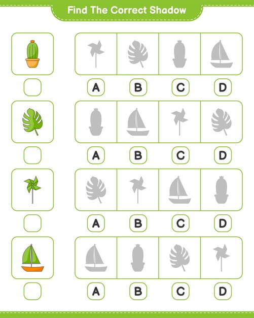 Find the correct shadow. Find and match the correct shadow of Pinwheels, Cactus, Monstera, and Sailboat. Educational children game, printable worksheet, vector illustration