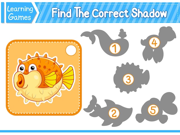Найдите правильную тень Найдите и сопоставьте правильную тень рыбы фугу. Детская образовательная игра. Векторная иллюстрация для печати.