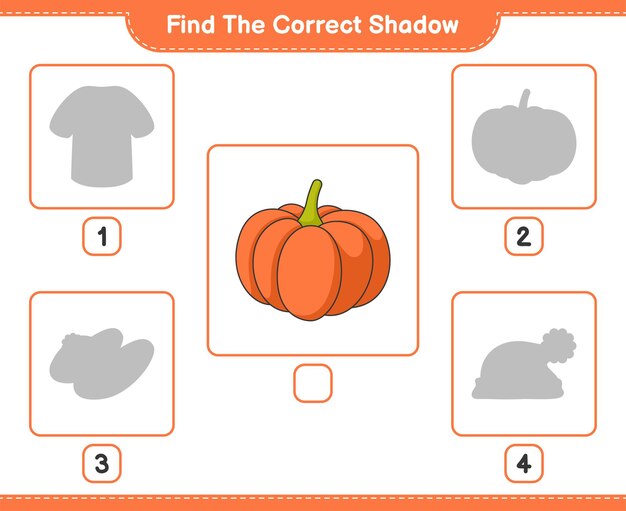 Find the correct shadow. Find and match the correct shadow of Pumpkin. Educational children game, printable worksheet, vector illustration