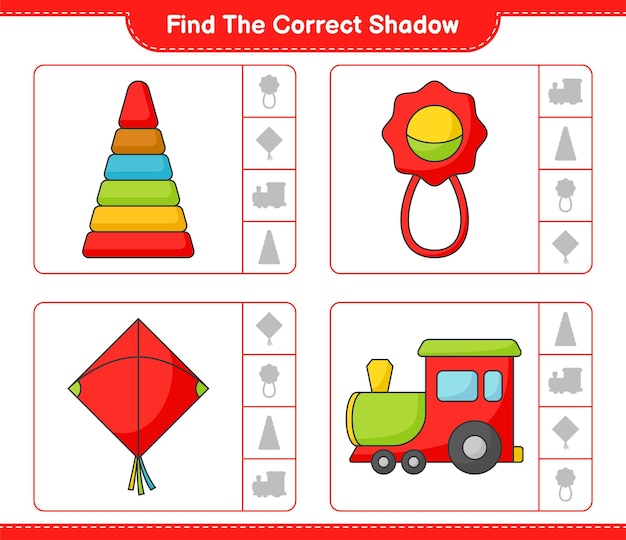 Find the correct shadow find and match the correct shadow of pyramid toy baby rattle kite and train educational children game printable worksheet vector illustration