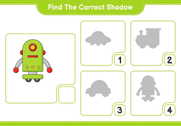 올바른 그림자 찾기 로봇 캐릭터 교육 어린이 게임 인쇄용 워크 시트 벡터 일러스트의 올바른 그림자를 찾아 일치시킵니다.