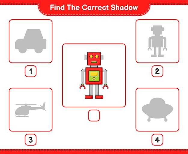 Find the correct shadow Find and match the correct shadow of Robot Character Educational children game printable worksheet vector illustration