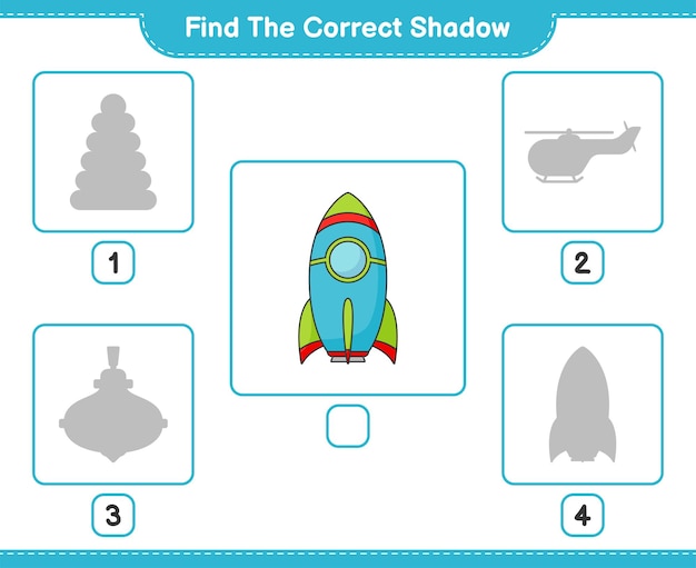 Find the correct shadow Find and match the correct shadow of Rocket Educational children game printable worksheet vector illustration