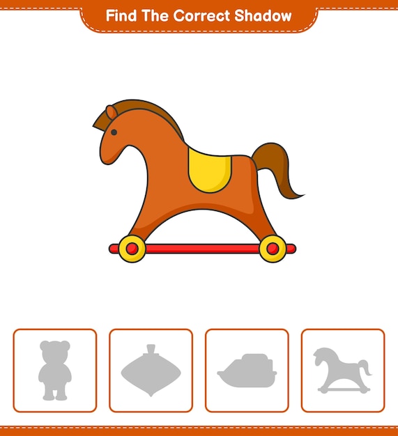 올바른 그림자 찾기 Rocking Horse Educational 어린이 게임 인쇄용 워크 시트 벡터 일러스트 레이션의 올바른 그림자를 찾아 일치시킵니다.