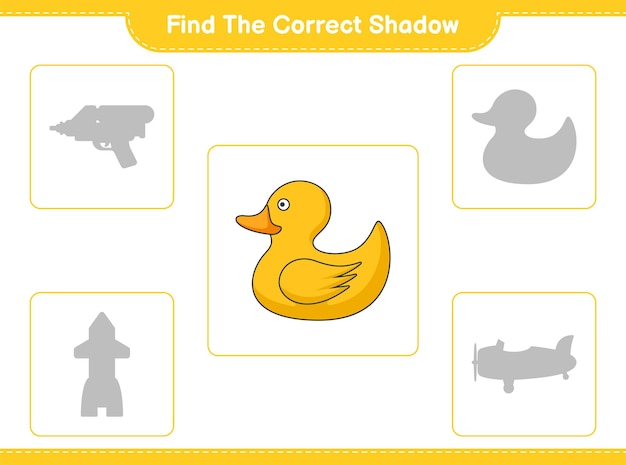 올바른 그림자 찾기 Rubber Duck Educational 어린이 게임 인쇄용 워크 시트 벡터 일러스트의 올바른 그림자를 찾아 일치시킵니다.