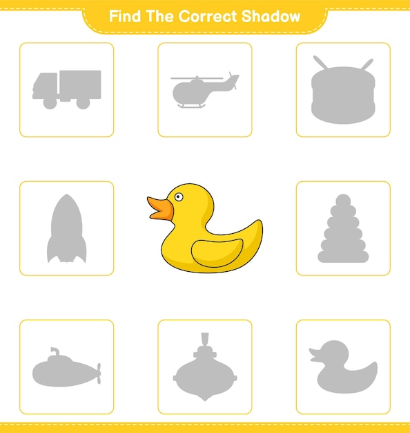 올바른 그림자 찾기 Rubber Duck Educational 어린이 게임 인쇄용 워크 시트 벡터 일러스트의 올바른 그림자를 찾아 일치시킵니다.