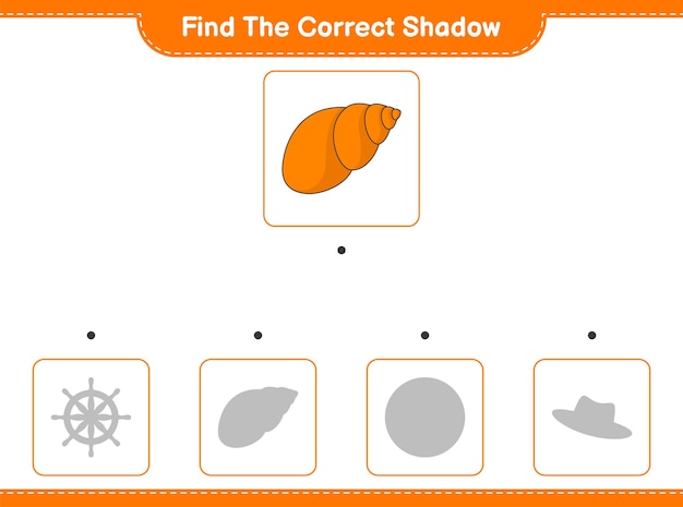 Trova l'ombra corretta. trova e abbina l'ombra corretta di sea shells. gioco educativo per bambini, foglio di lavoro stampabile, illustrazione vettoriale