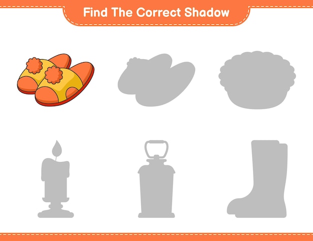 Find the correct shadow. Find and match the correct shadow of Slippers. Educational children game, printable worksheet, vector illustration