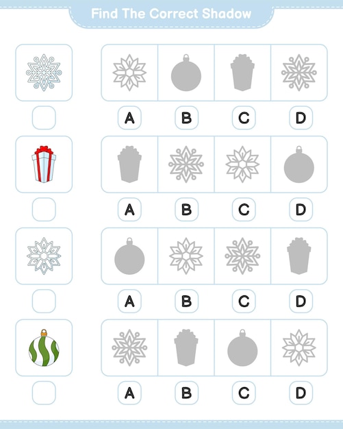 Trova l'ombra corretta. trova e abbina l'ombra corretta del fiocco di neve, della palla di natale e della confezione regalo. gioco educativo per bambini, foglio di lavoro stampabile, illustrazione vettoriale