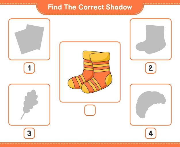 Найдите правильную тень. Найдите и сопоставьте правильную тень носков. Развивающая детская игра, лист для печати, векторные иллюстрации