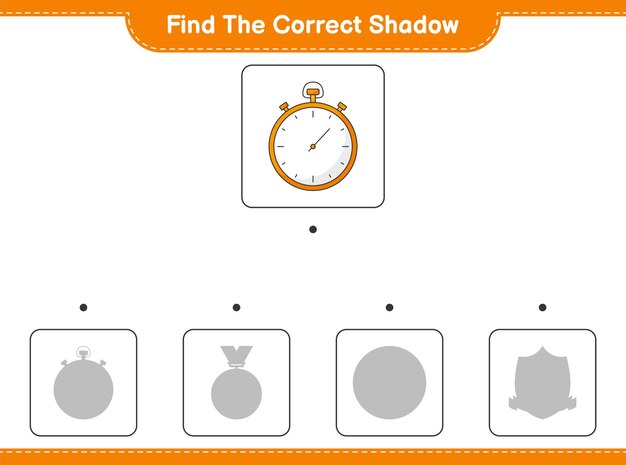 Find the correct shadow. Find and match the correct shadow of Stopwatch. Educational children game, printable worksheet 