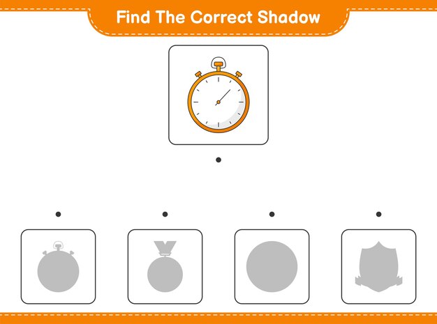 올바른 그림자를 찾으십시오. 스톱워치의 정확한 그림자를 찾아 일치시킵니다. 교육용 어린이 게임, 인쇄 가능한 워크시트