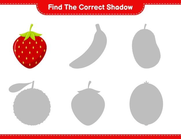 Trova l'ombra corretta. trova e abbina l'ombra corretta di strawberry. gioco educativo per bambini, foglio di lavoro stampabile