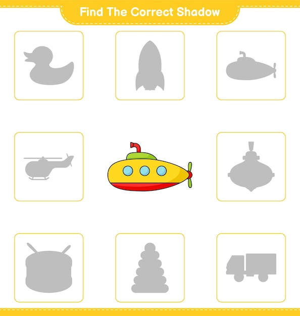 Find the correct shadow Find and match the correct shadow of Submarine Educational children game printable worksheet vector illustration