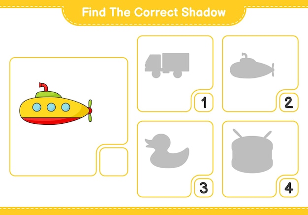 Find the correct shadow Find and match the correct shadow of Submarine Educational children game printable worksheet vector illustration