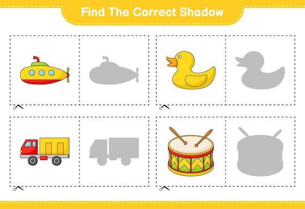 Find the correct shadow find and match the correct shadow of submarine rubber duck lorry and drum educational children game printable worksheet vector illustration