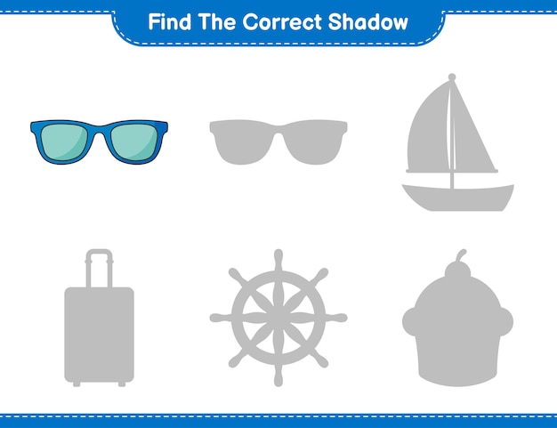 正しい影を見つけてください。サングラスの正しい影を見つけて一致させます。教育的な子供たちのゲーム、印刷可能なワークシート、ベクトル図