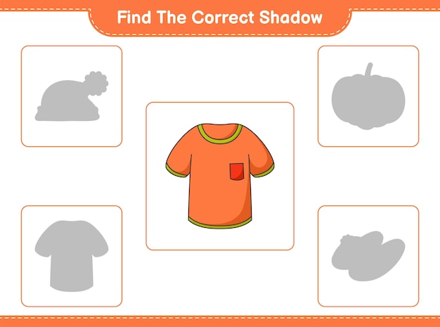 Find the correct shadow. Find and match the correct shadow of T-shirt. Educational children game, printable worksheet, vector illustration