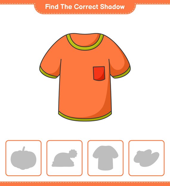 Find the correct shadow. find and match the correct shadow of t-shirt. educational children game, printable worksheet, vector illustration