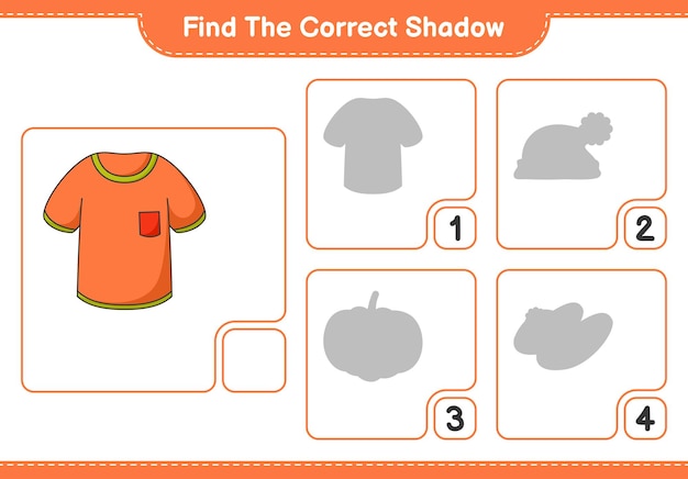 Find the correct shadow. Find and match the correct shadow of T-shirt. Educational children game, printable worksheet, vector illustration