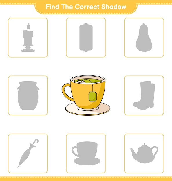 Find the correct shadow. Find and match the correct shadow of Tea Cup. Educational children game, printable worksheet, vector illustration